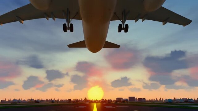 Airplane Landing on Runway at Sunset Airport Scene with Jet Approaching plane approaching runway scene