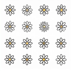 Daisies illustration, black outline flowers with yellow centers, white background, floral pattern