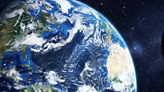 Earth and Moon in Space - A view of the Earth from space, showing continents, oceans, and cloud cover. The moon is visible in the distance against a starry background.