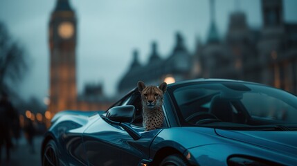 Naklejka premium Fast Cat Cruises London at Dusk in a Blue Sportscar