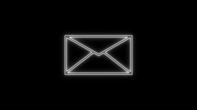 Neon white color message icon animation on black background. Glowing neon mail envelope, incoming mail concept.