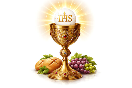First Holy Communion golden chalice with holy bread host and grapes on white background