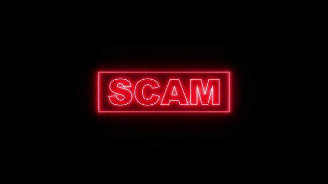 glowing scam text with neon frame moving animation. Scam text looped motion graphics animation on black background.