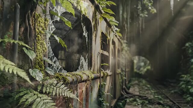 Abandoned Subway Train in Lush Tunnel - An eerie and decaying subway station tunnel features an abandoned train overtaken by nature, with vibrant green vegetation flourishing over the carriages.
