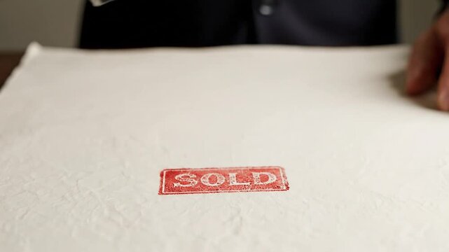 Hand holding 'SOLD' stamp above paper document
