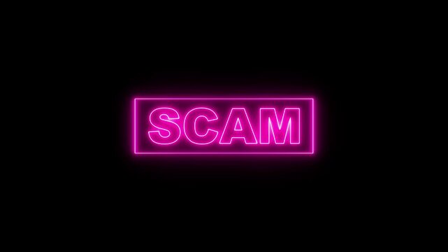 glowing scam text with neon frame moving animation. Scam text looped motion graphics animation on black background.