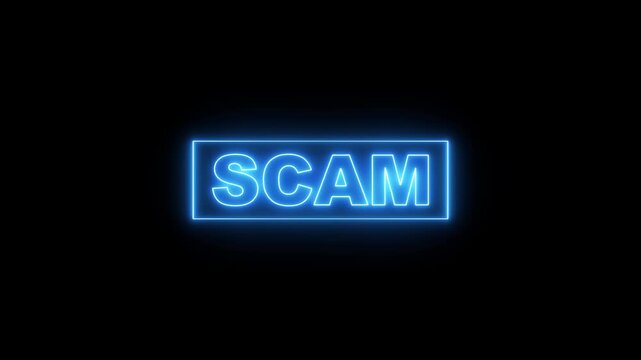 glowing scam text with neon frame moving animation. Scam text looped motion graphics animation on black background.