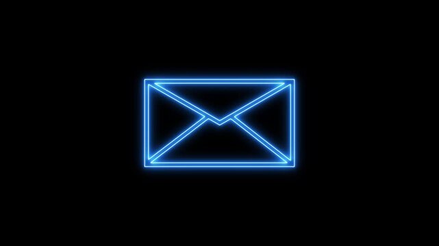 Neon blue color message icon animation on black background. Glowing neon mail envelope, incoming mail concept.
