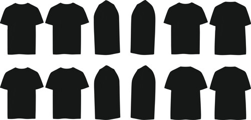 Black t shirt mockup set, front back and side views, blank apparel template vector illustration isolated on light background