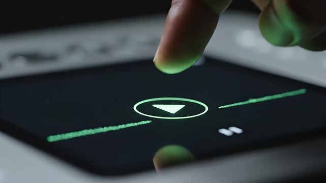 Finger Pressing Play on Digital Interface - Close-up shot of a finger pressing a glowing blue play button on a digital interface. The screen is black and reflects the finger above it.