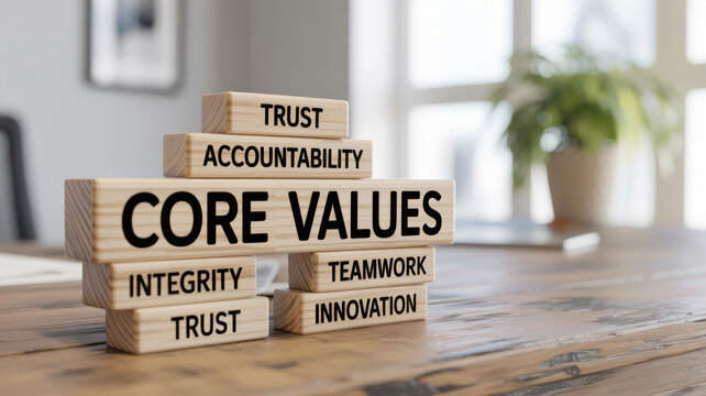 Corporate organizational core values of trust accountability integrity teamwork and innovation stacked as foundation blocks representing strong ethical business culture leadership principles and team