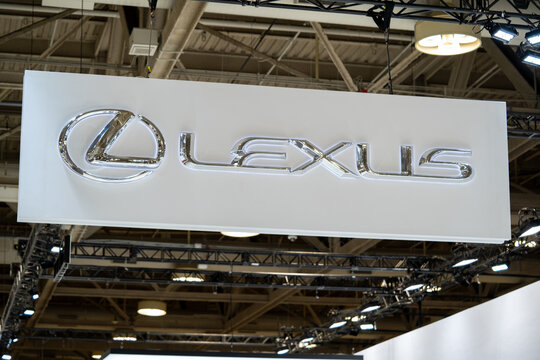 View of Lexus brand logo sign at auto show. Toronto, Canada - February 19, 2026.