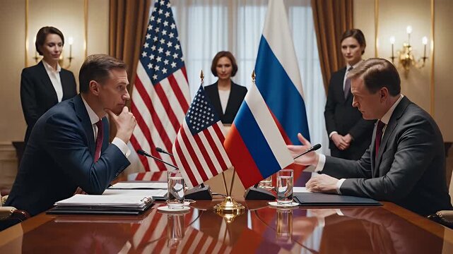 USA and Russia Diplomacy Meeting - A political meeting between diplomats from USA and Russia with flags on the table symbolizing the concept of negotiation.