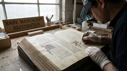 Naklejka premium Professional restorer working on rare antique manuscript in workshop. Historical book conservation and preservation