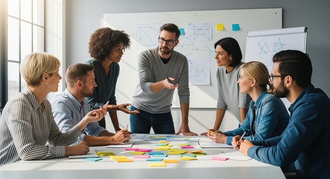 Diverse team brainstorming innovative solutions and strategies in a modern office setting