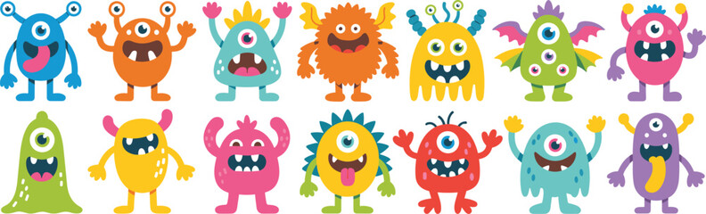 Fototapeta premium Set of cute colorful cartoon monster characters featuring friendly aliens with one eye and multiple eyes isolated on white background flat vector (20 words)