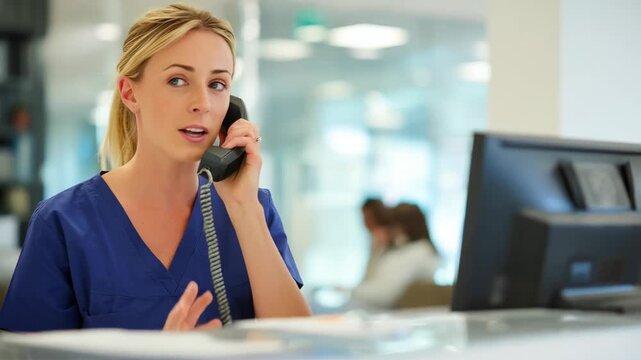 Medium shot of a receptionist efficiently managing dental appointment bookings over the phone in a bright clinic environment.