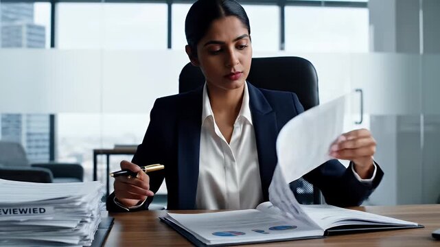 Businesswoman Reviewing Documents in Office - A focused young businesswoman in a modern office setting is intently reviewing important documents.