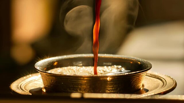 Hot traditional south indian filter coffee pouring high from brass tumbler shiny metal cup frothy sweet milk morning beverage authentic street cafe cultural lifestyle delicious drink