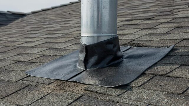 Medium shot of roof flashing installation showing asphaltbased membrane sealed tightly around a ventilation pipe for weatherproofing.