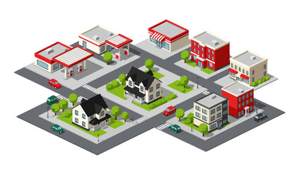 Obraz premium 3D Isometric Suburban Neighborhood Vector Illustration with Buildings, Cars, and Landscaping