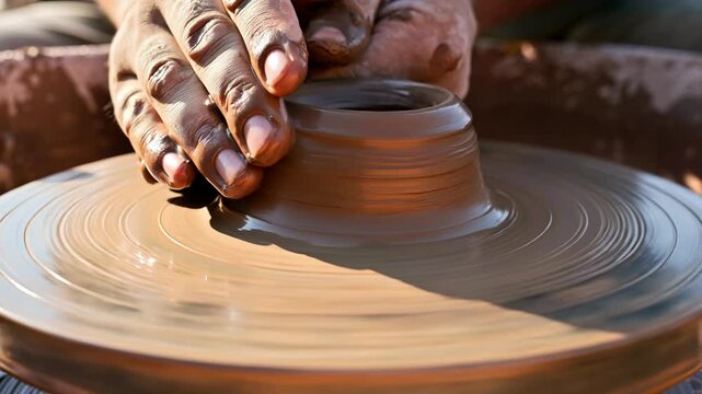 Close up human hand molding clay on traditional indian pottery wheel craft manufacturing workshop