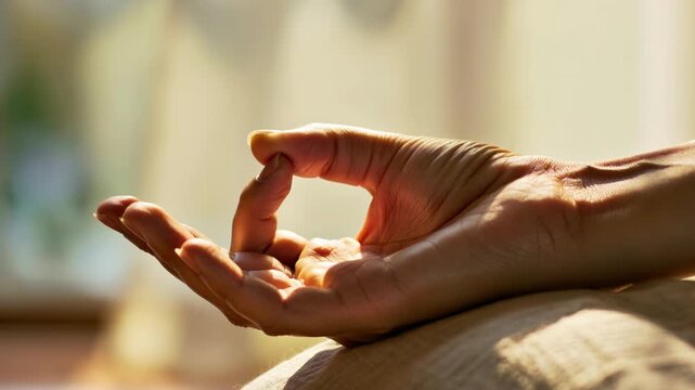 Macro close up human hand showing gyan mudra yoga meditation spiritual health fitness lifestyle