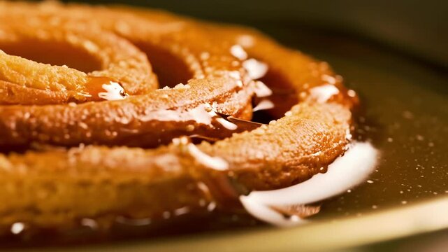 Macro close up traditional indian jalebi sweet confection sugar syrup frying asian street food culinary