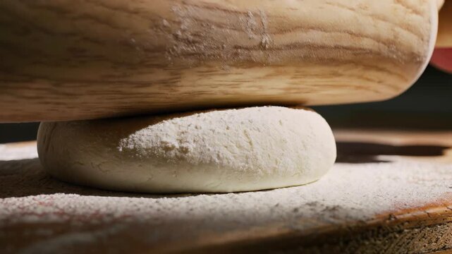 Rolling round flat wheat dough wooden rolling pin traditional indian kitchen authentic roti chapati bread cooking culinary process delicious healthy homemade organic meal preparation