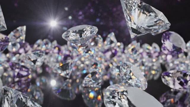 Brilliant cut diamonds sparkle and fall against a dark background.
