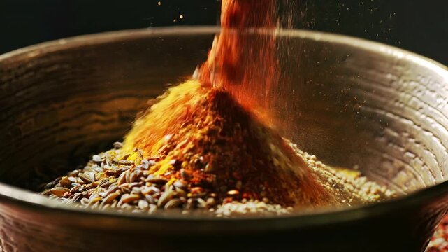 Macro close up colorful indian spice powder food seasoning traditional cooking ingredient culture