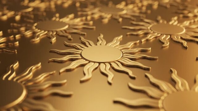Shiny golden embossed suns pattern close up abstract background