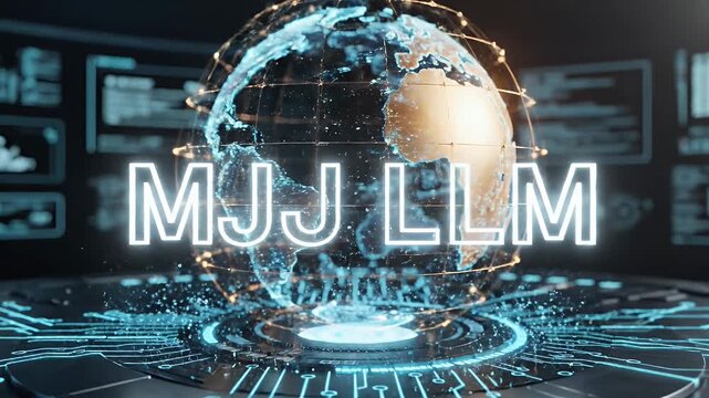 Futuristic Digital Globe Platform - A futuristic globe is displayed on a digital platform with connections. The text "MJJ LLM" is prominently displayed in a glowing, modern font.