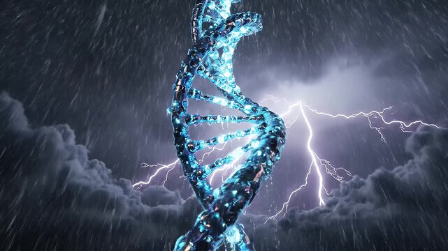 DNA Helix in Lightning Storm - A glowing, futuristic DNA double helix is pictured amidst a powerful lightning storm. Rain falls heavily against a backdrop of dark, dramatic clouds.