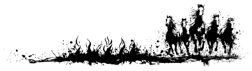 Herd of wild horses galloping through field in dramatic grunge ink style © UrbanDruid