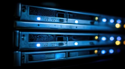 Rows of illuminated computer servers in a dark datacenter environment, representing powerful data processing capabilities.