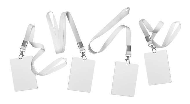 Set. Plastic badge. ID card with white ribbon. Template designed for employees and guests of company. Can be used for shows, events, concerts and performances. Or for speakers and organizers. png