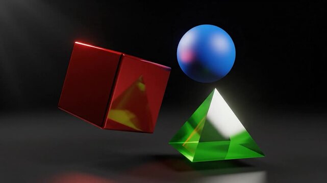 Three vibrant geometric shapes, a cube, sphere, and pyramid, float in a dark