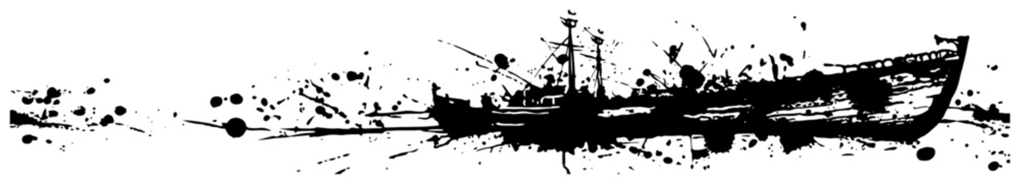 Old fishing boat silhouette on the water in black ink splatter style