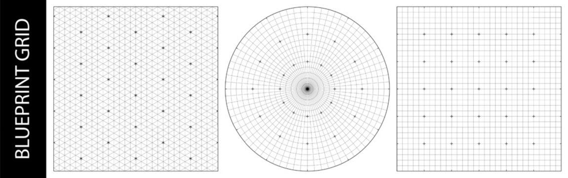 Circle compass grid for isometric square blueprint, gauge print design. Architecture triangle ruler and drawing math. Surface circular grid texture of line degree plan, white bg. Hud pattern overlay