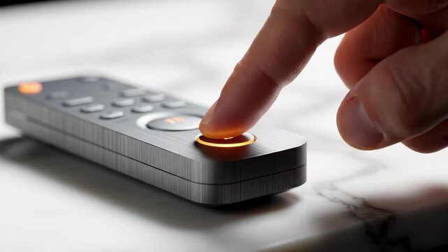 A finger presses the glowing power button on a modern remote control. Close-up of a hand activating a sleek silver device on a marble surface. Smart home technology concept