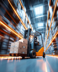 Modern Forklift in Action with Blurred Motion in a Warehouse Full of Boxes and Efficient Storage Solutions