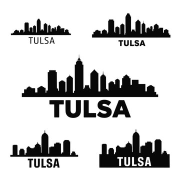 Silhouettes of tulsa city skylines against a white background
