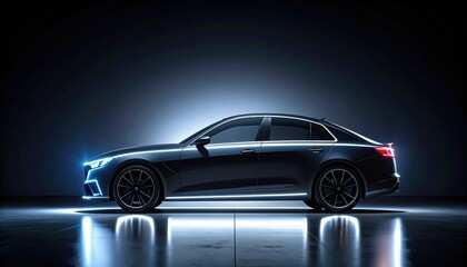 Sleek dark luxury sedan features illuminated glowing blue outlines while parked on reflective showroom floor in dark studio