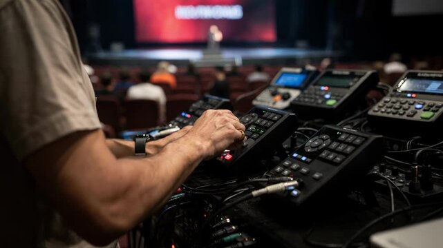 Focused medium shot of a technician configuring personal caption devices during a live show with the stage and audience subtly out of focus behind.