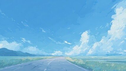 Naklejka premium 青空と雲が広がる一本道 風景イラスト背景