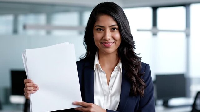 Smiling businesswoman holding blank papers in a modern office