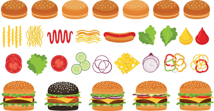 Burger ingredients and hamburger assembly illustration set, buns, patties, vegetables and sauces, flat vector fast food elements isolated on white
