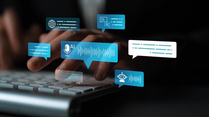 Futuristic Digital Communication Concepts with Hands Typing on Keyboard Surrounded by AI Icons and...