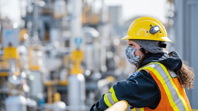 A woman in a protective mask and safety vest stands, emphasizing safety and health precautions in her environment.
